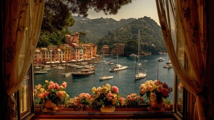 A picturesque coastal town viewed from a window, framed by billowing curtains and vibrant flowers. The calm harbor is filled with sailboats, creating a tranquil scene