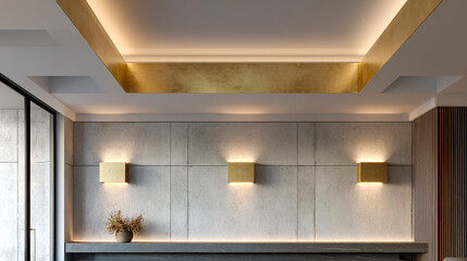 Golden trim and concrete texture create a minimal, elegant interior. Use for product display, modern branding, virtual background.