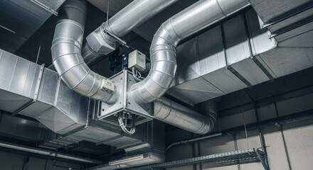 Industrial ventilation system with metal air ducts and wiring on the ceiling. HVAC and air conditioning equipment for building climate control.