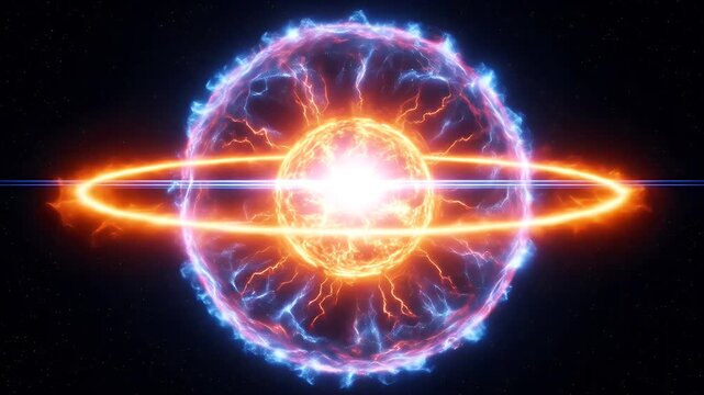 An abstract atom or star with a fiery ring and a plasma energy shield in outer space and time