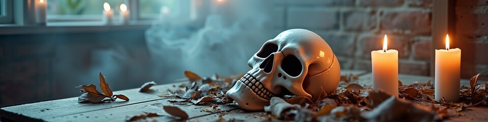 Skull on wooden table with candles and autumn leaves