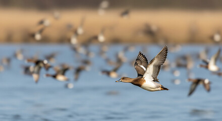 Fototapeta premium A flock of ducks in flight over a lake nature wildlife photography