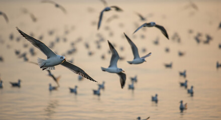 Fototapeta premium Seagulls in Flight over Calm Water at Dawn