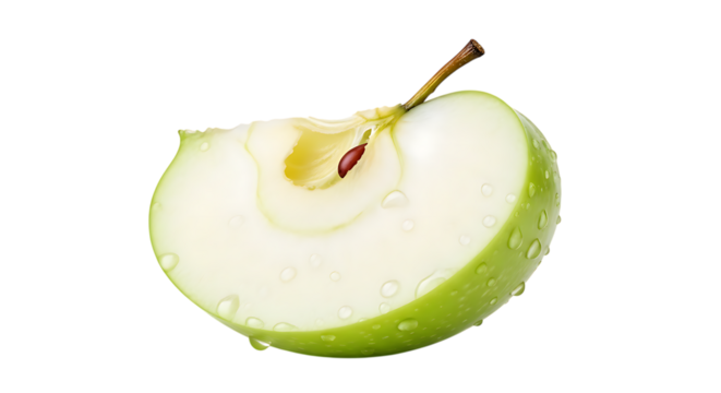 Slice of green apple with water droplets and seed Keywords: apple, fruit, slice, green, granny