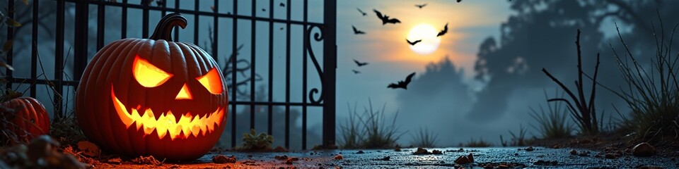 Obraz premium Spooky halloween night: glowing jack-o'-lantern, bats, full moon, gloomy atmosphere