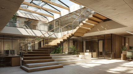 Modern Office With Natural Light Features Open Staircase, Concrete Texture. Ideal for Virtual Backgrounds, Architectural Design, Video Conferencing.
