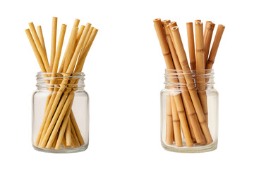 Two clear glass jars, each filled with a bunch of light-colored, slender sticks.  