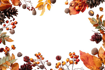 Autumnal border of dried leaves, berries, and pine cones