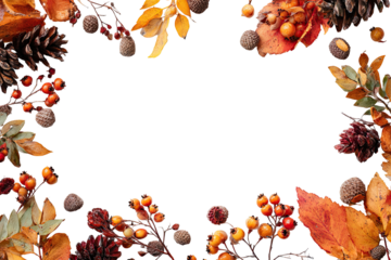 Autumnal border of dried leaves, berries, and pine cones