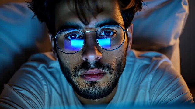 Intense Focus: A man with glasses fixates on a screen, with reflections, conveying a sense of intense concentration. 