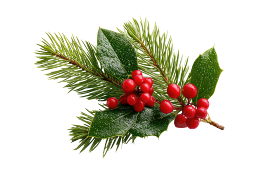 Festive sprig of evergreen and holly with red berries