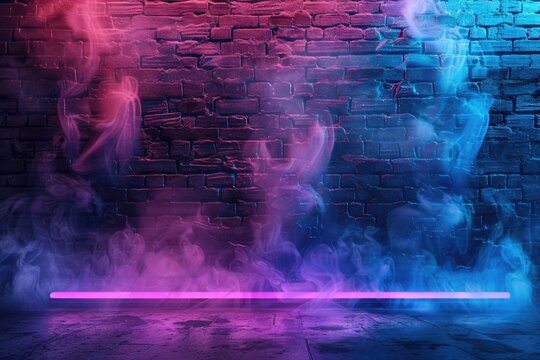 A dark brick wall backdrop is illuminated by vibrant pink and blue neon lights emanating from the base, with swirling purple and blue smoke obscuring parts of the wall - Powered by Adobe