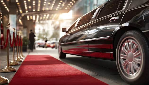 VIP service. The limousine is parked with the door open, and a red carpet leads to the open door