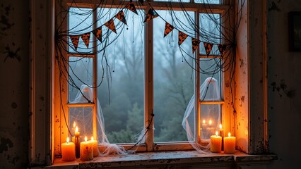 Eerie halloween window with candles, spooky decorations, and foggy background
