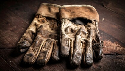 Worn leather work gloves on a wooden surface