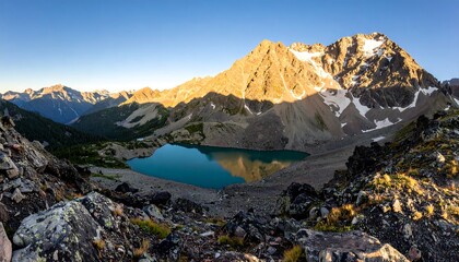 Mountainous landscape panorama, tranquil alpine lake nestled in valley at sunrise