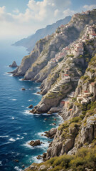 Terrassenhäuser an steiler Kliffküste mit Blick aufs Meer - Landschaft Wallpaper - Küsten Hintergrundbild