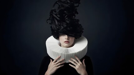 Fashion portrait of woman wearing extravagant avant garde black feathered hat and dramatic white pleated ruff collar on dark background, symbolizing luxury, art, and high style.