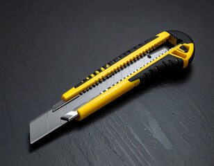 Yellow and black utility knife on dark surface (1)