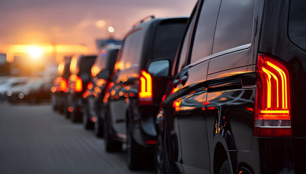 Many black luxury vans parked in a row at a car dealership with a close up view of the tail lights against a sunset Fleet of vans for commercial cargo transportation and VIP charters Copy space