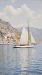 Segelboot vor mediterraner Felsküste mit Dorfkulisse - Landschaft Wallpaper - Küsten Hintergrundbild