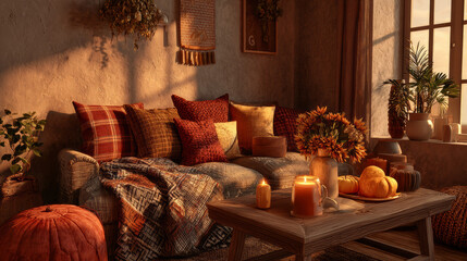 Cozy living room decorated with autumn colors and warm lighting in the late afternoon