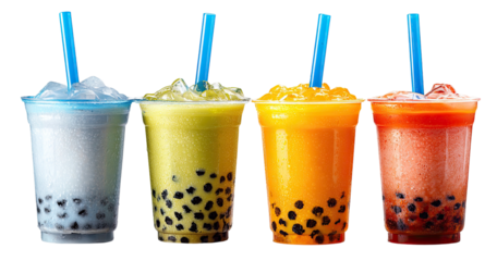 Four colorful bubble tea drinks in clear plastic cups
