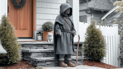 Mysterious figure in a gray cloak standing on a porch with a cane near a quaint house in autumn