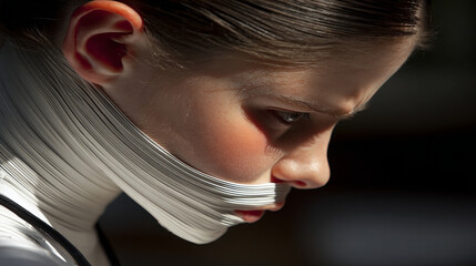 Young girl with bandaged face showing determination in a dramatic light setting
