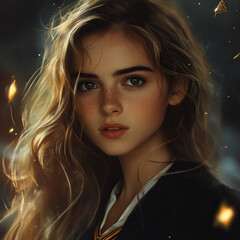 Young girl with flowing hair looking thoughtfully at the viewer in a softly lit outdoor environment during golden hour