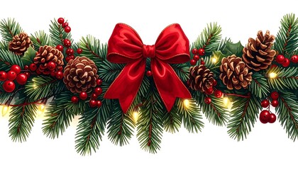 Festive Evergreen Branch Decorated with Red Bow and Sparkling Lights Art