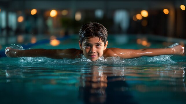 Confident young boy swimming butterfly stroke in indoor pool with arms outstretched, competitive sports training atmosphere with bokeh lights in background