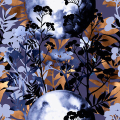 Moon blooming magical flowers. Boho chic floral seamless pattern. Hand drawn endless motif in watercolour and digital. Mixed media botanical design for textile, fabric, packaging, decoupage, prints