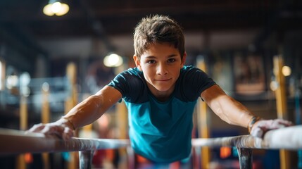 Determined young boy practicing on parallel bars during gymnastics training in indoor sports facility with blurred gym equipment background
