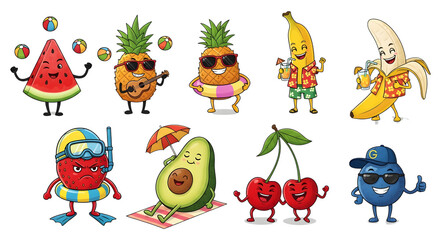 Obraz premium Photo of happy anthropomorphic fruits enjoying summer vacation activities, on white