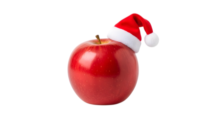 Photo of a single red apple wearing a santa hat, on white