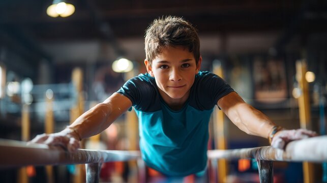 Determined young boy practicing on parallel bars during gymnastics training in indoor sports facility with blurred gym equipment background