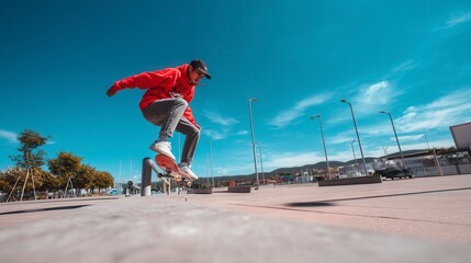 Confident young male skateboarder performing trick on metal rail at urban skate plaza with bright blue sky and city backdrop, action sports lifestyle photography