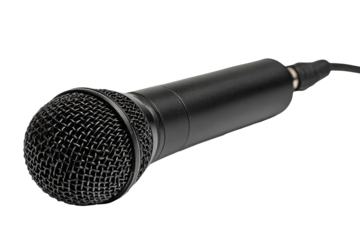 Close-up of a black handheld microphone.  A dark gray mesh grille covers the microphone's capsule.  The microphone body is smooth and cylindrical. A cable extends from the bottom