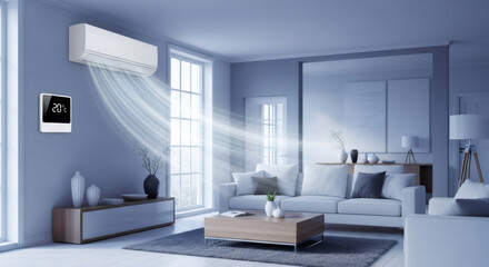 Air conditioner wall mounted unit in living room with thermostat displaying 20 degrees celsius. Modern home climate control system for comfort.