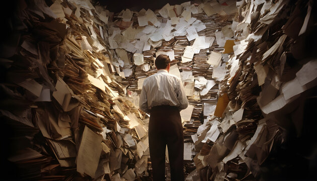 A Man Stands Surrounded By A Massive Pile Of Documents