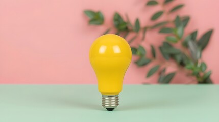 Yellow light bulb on pastel background with green leaves, creative idea concept, minimal design, eco energy innovation, inspiration and bright thinking