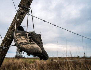 Worn soccer cleats hanging on a fence post