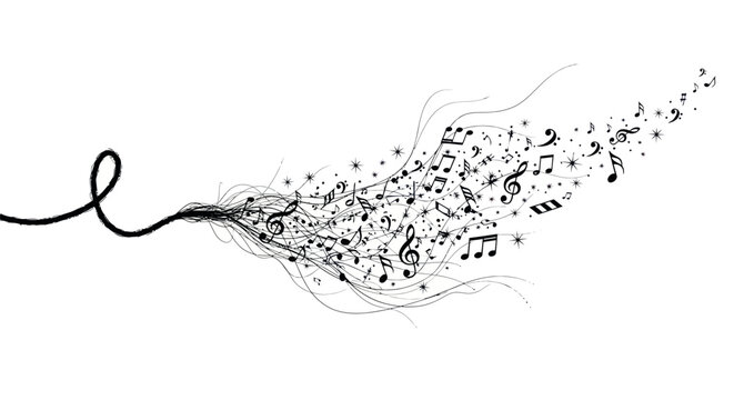 Musical symphony illustration featuring swirling notes and a dynamic design with a touch of