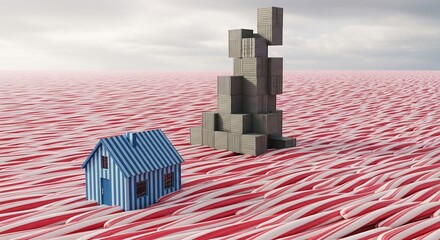 Whimsical blue striped house and towering cargo containers emerge from a surreal landscape of endless red and white candy canes under a cloudy sky