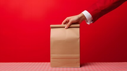 Hand holding brown paper bag on red background with checkered table, concept of takeaway food, delivery packaging, eco friendly shopping bag, minimal design and fast food service