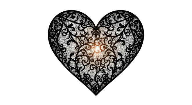 Ornamental heart with intricate dark tendrils radiating from a central glowing point creating a