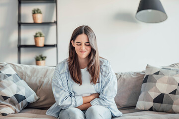 Obraz premium One woman suffering from stomachache alone at home, holding her belly, touching and massaging abdomen. Bad sick face feeling discomfort and diarrea