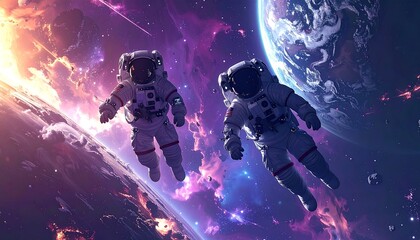Two astronauts in space suits float amidst vibrant nebulae and planets