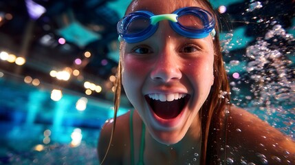Ecstatic young female swimmer with blue goggles celebrating in indoor pool with water splashing around her face under colorful lighting in recreational sports setting